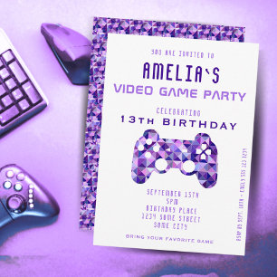 Convites Aniversário de Jogos de Festa Roxo de Jogos