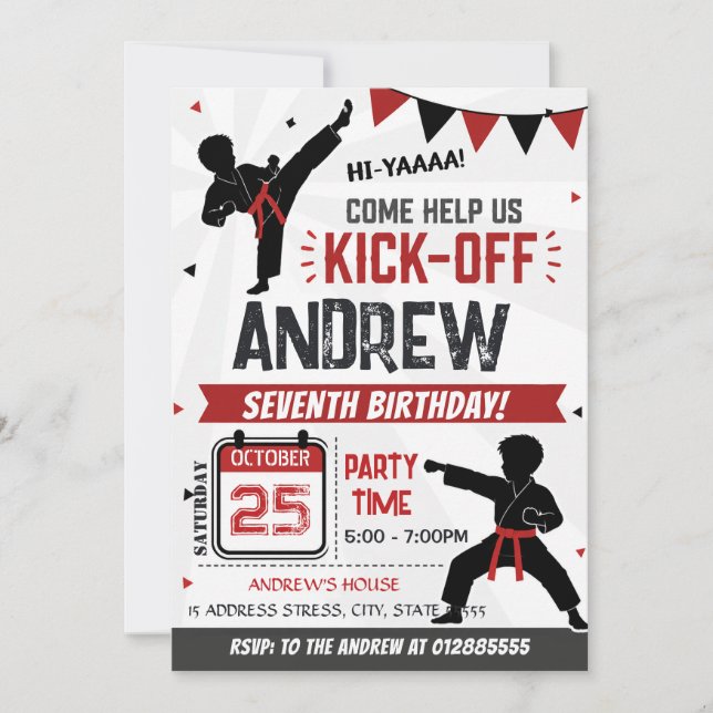 Convites Aniversário de Karate moderno pessoal (Frente)