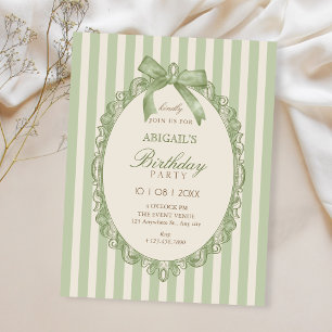 Convites Aniversário de laço doce elegante verde vintage