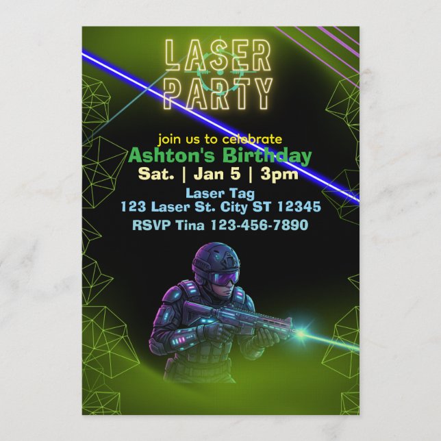 Convites Aniversário de Laser Tag, Neon e Preto (Frente)