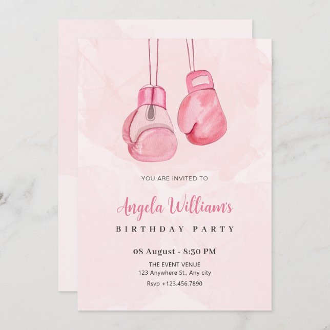 Convites Aniversário de luvas de boxe rosa (Frente/Verso)