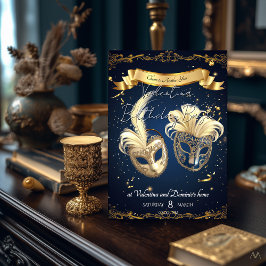 Convites Aniversário de Mascarada Elegante | Dourado e Azul