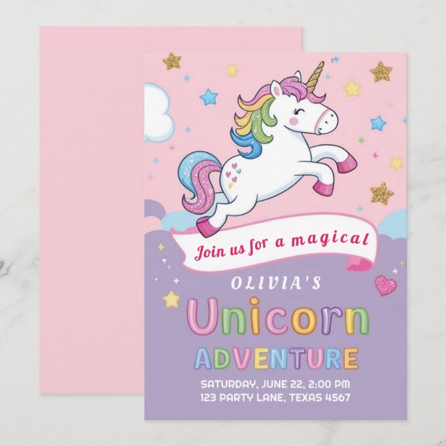 Convites Aniversário de Menina Arco-Íris de Unicórnio Fofo  (Frente/Verso)
