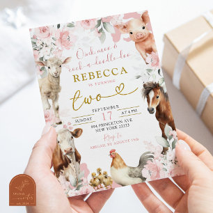 Convites Aniversário de Menina com Animais da Fazenda Rosa