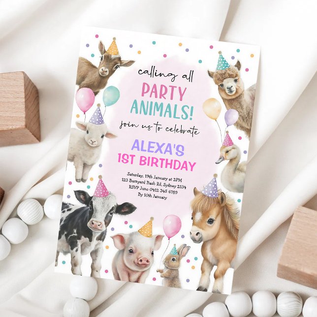 Convites Aniversário de Menina com Animais do Celeiro Rosa (Criador carregado)