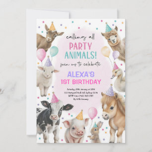 Convites Aniversário de Menina com Animais do Celeiro Rosa