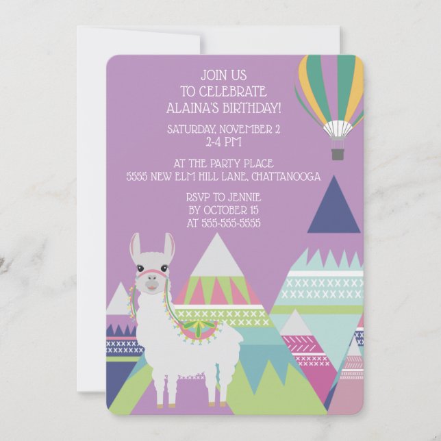 Convites Aniversário de Menina com Balão de Alpaca Roxa (Frente)