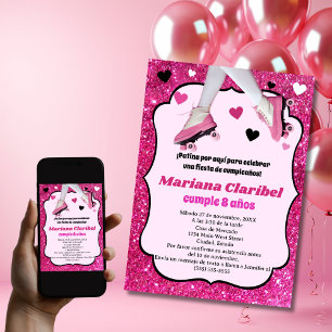 Convites Aniversário de Menina com Brilho Rosa Retro Espanh