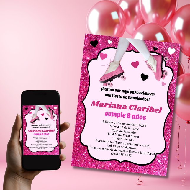 Convites Aniversário de Menina com Brilho Rosa Retro Espanh (Criador carregado)