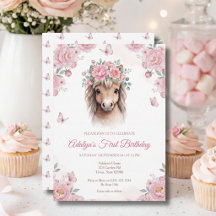 Aniversário de Menina com Cavalo Rosa Floral Fofo