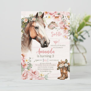 Convites Aniversário de Menina com Cavalo Rosa Floral Vaque