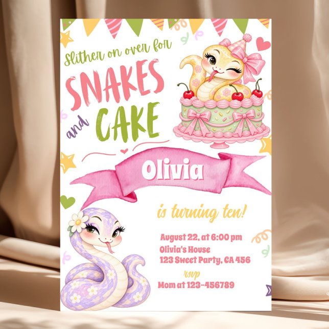 Convites Aniversário de Menina com Cobras e Bolo Rosa Paste (• Snake-Themed Birthday
• Snakes and Cake Party
• Girl's Birthday Celebration
• Reptile-Themed Party)