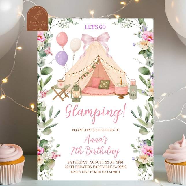 Convites Aniversário de Menina Coquete com Arco de Glamping (Criador carregado)