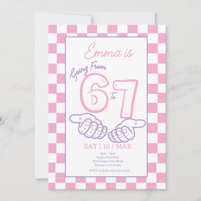 Convites Aniversário de Menina de 6 para 7 Meme Rosa Xadrez (Frente)