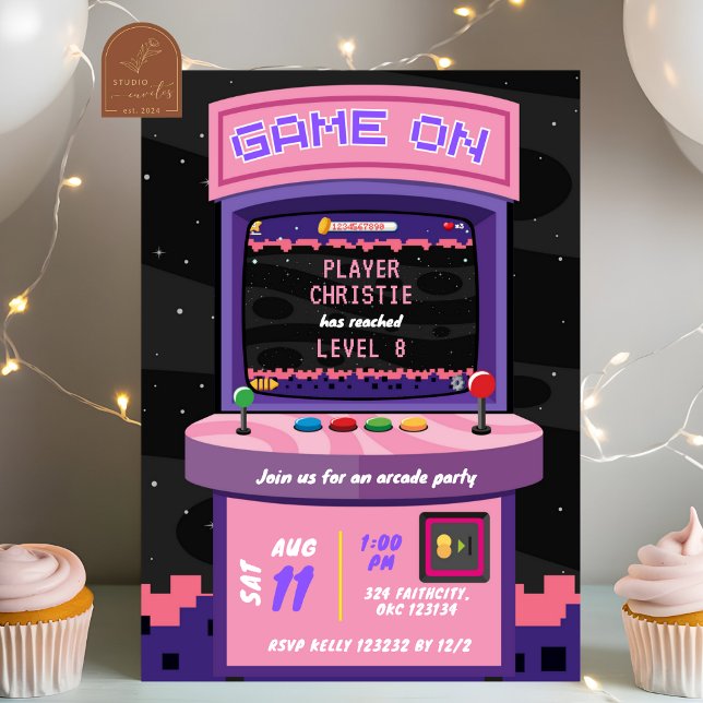 Convites Aniversário de Menina de Jogo de Arcade Neon Rosa  (Criador carregado)