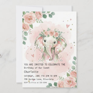 Convites Aniversário de Menina Elefante Floral Aquarela