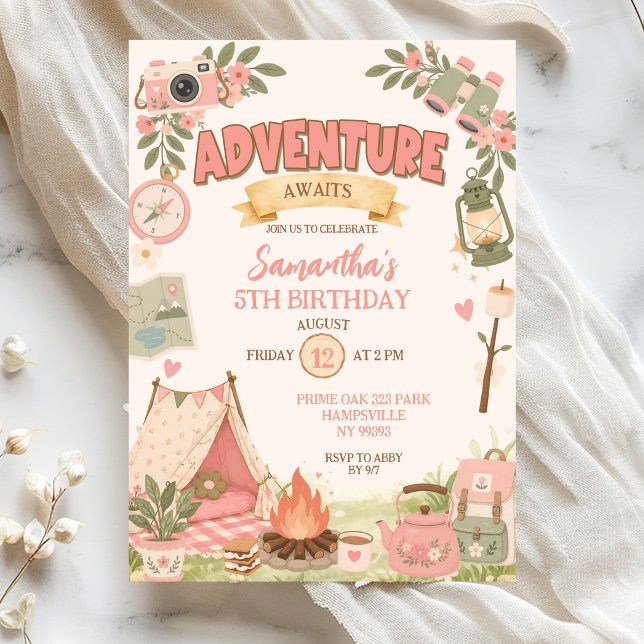 Convites Aniversário de Menina Espera Aventura Rosa Boho (Criador carregado)