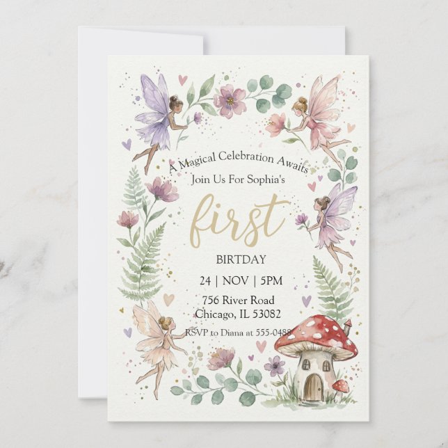 Convites Aniversário de Menina na Floresta de Fadas Pastel  (Frente)