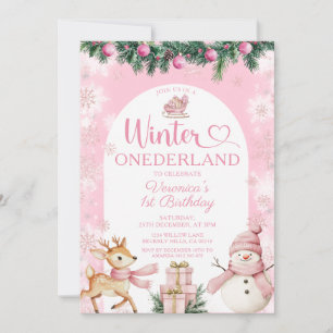 Convites Aniversário de Menina Onederland de Inverno Rosa F