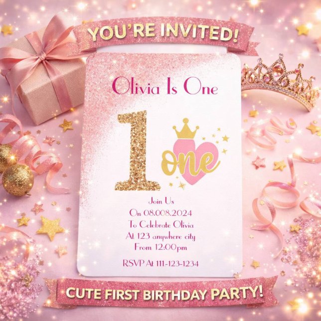 Convites Aniversário de menina princesa com purpurina rosa (Criador carregado)