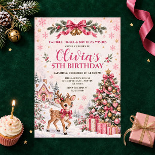 Convites Aniversário de Menina Rena de Natal Rosa