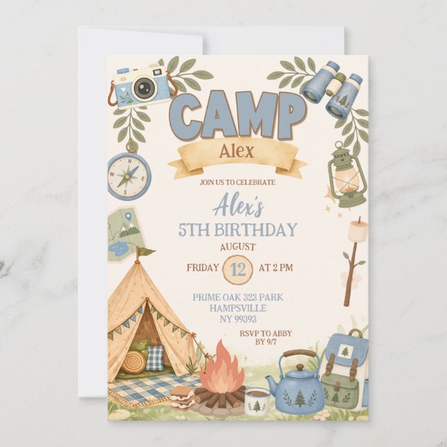 Convites Aniversário de Menina Tema Acampamento Azul (Frente)