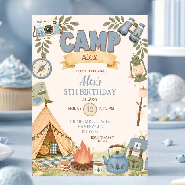 Convites Aniversário de Menina Tema Acampamento Azul (Criador carregado)