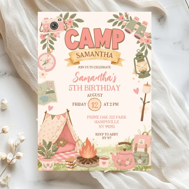Convites Aniversário de Menina Tema Acampamento Boho Rosa (Criador carregado)