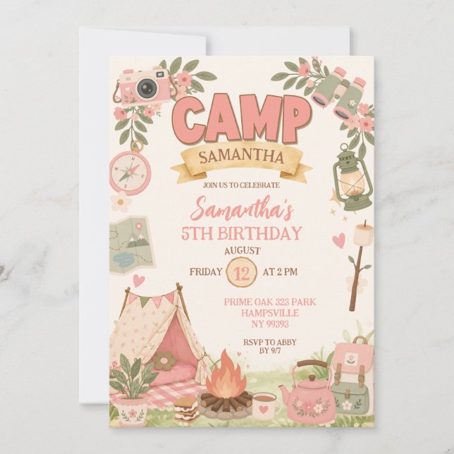 Convites Aniversário de Menina Tema Acampamento Boho Rosa (Frente)