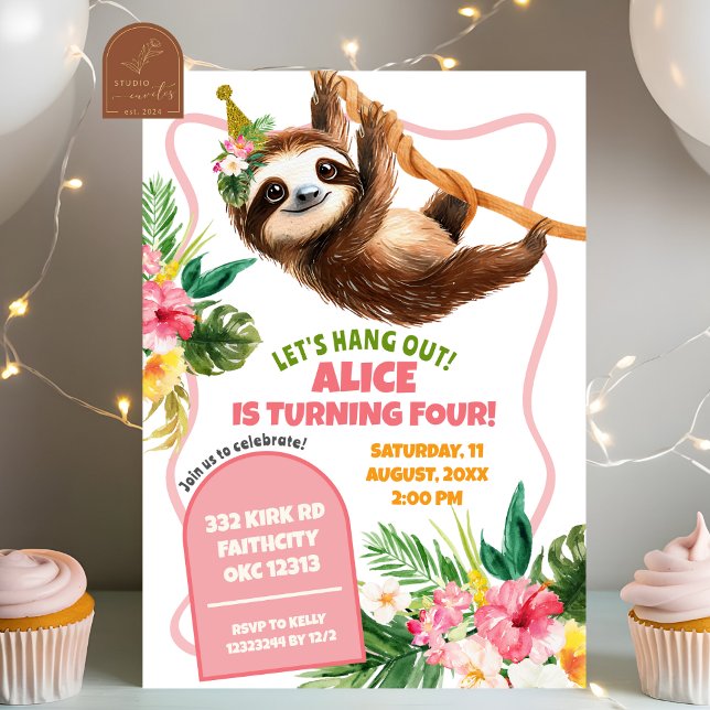 Convites Aniversário de Menina Tropical com Preguiça Rosa (Criador carregado)