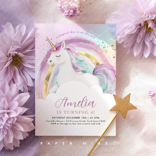 Convites Aniversário de Meninas Arco-Íris Pastel Unicórnio