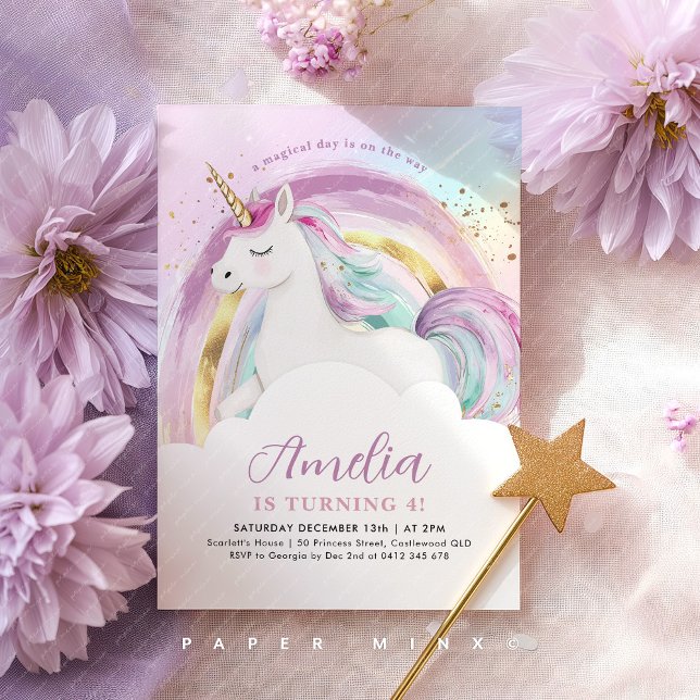 Convites Aniversário de Meninas Arco-Íris Pastel Unicórnio (Girl's Unicorn Pastel Rainbow Birthday Invitation)