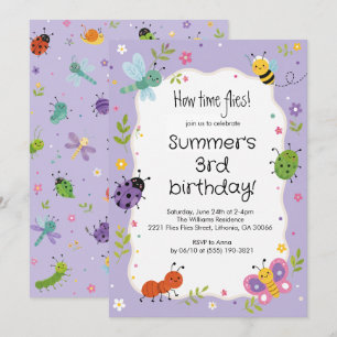 Convites Aniversário de Meninas com Bugs Fofos Roxos