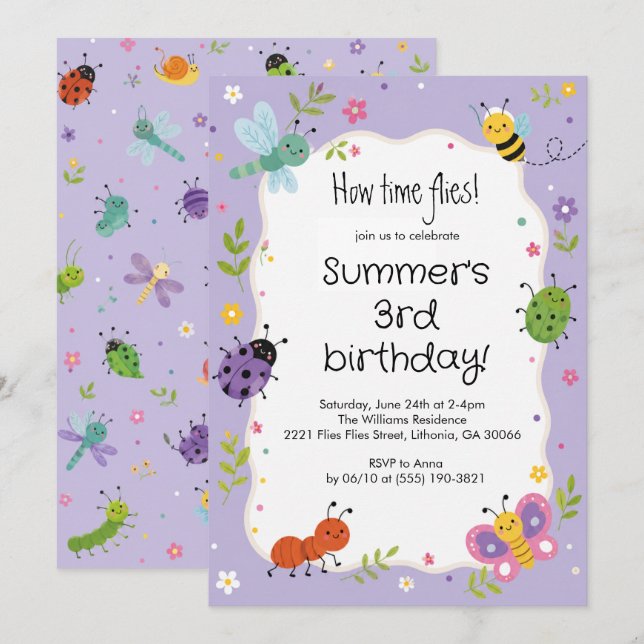 Convites Aniversário de Meninas com Bugs Fofos Roxos  (Frente/Verso)