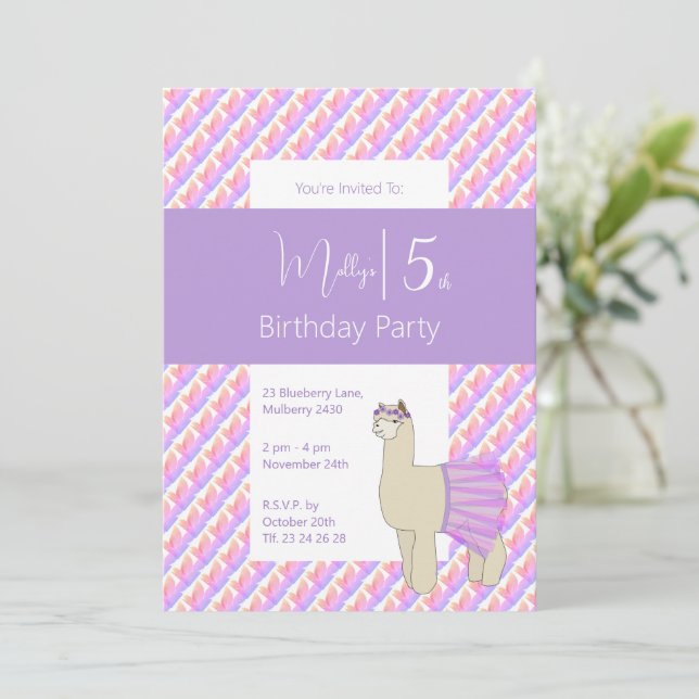 Convites Aniversário de Meninas Llama Roxo Arco-íris (Em pé/Frente)