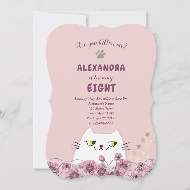 Convites Aniversário de Meninas Rosa Gatinho Fofo (Frente)