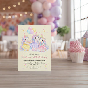 Convites Aniversário de Meninas Unicórnio em Aquarela Paste