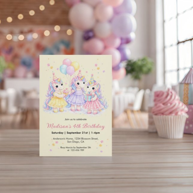 Convites Aniversário de Meninas Unicórnio em Aquarela Paste (Criador carregado)