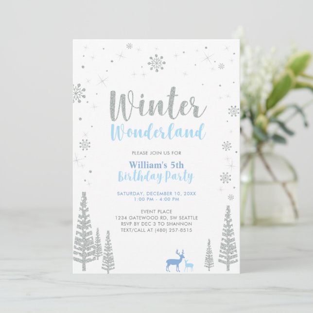 Convites Aniversário de Menino com Tema de Inverno Prateado (Em pé/Frente)