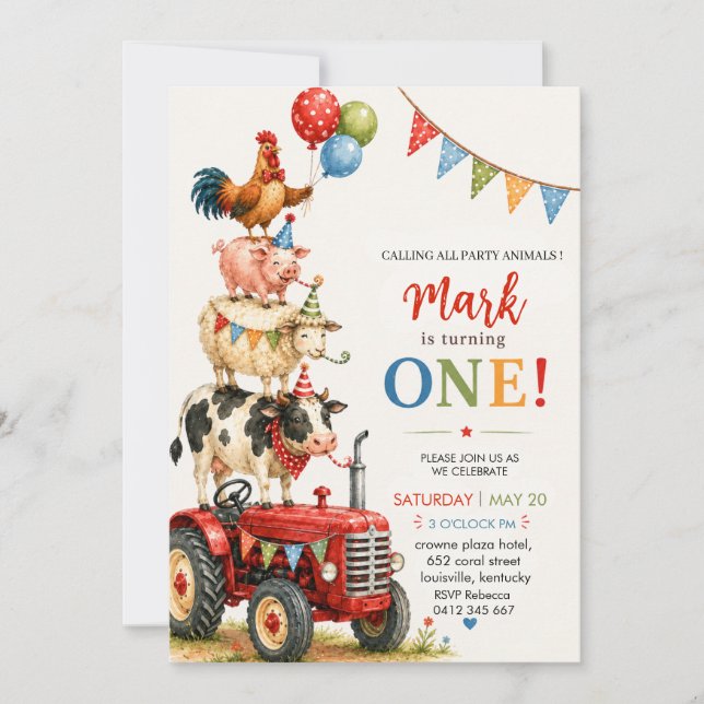 Convites Aniversário de Menino com Trator Fofo e Animais de (Frente)