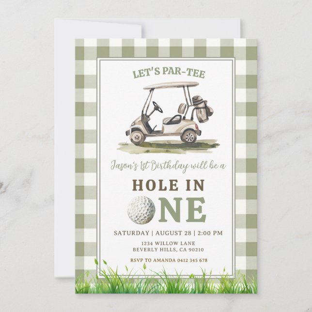Convites Aniversário de Menino de Golfe com Gingham Verde S (Frente)