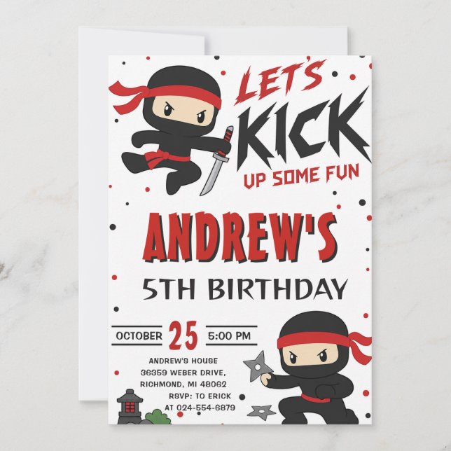 Convites Aniversário de menino Ninja Warrior pessoal (Frente)