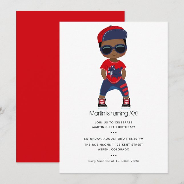 Convites Aniversário de menino temático de Hip Hop vermelho (Frente/Verso)