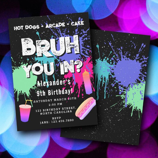 Convites Aniversário de Meninos Bruh Neon Graffiti Cachorro (Bruh Boys Birthday Neon Graffiti Teenager Hot Dogs Invitation)