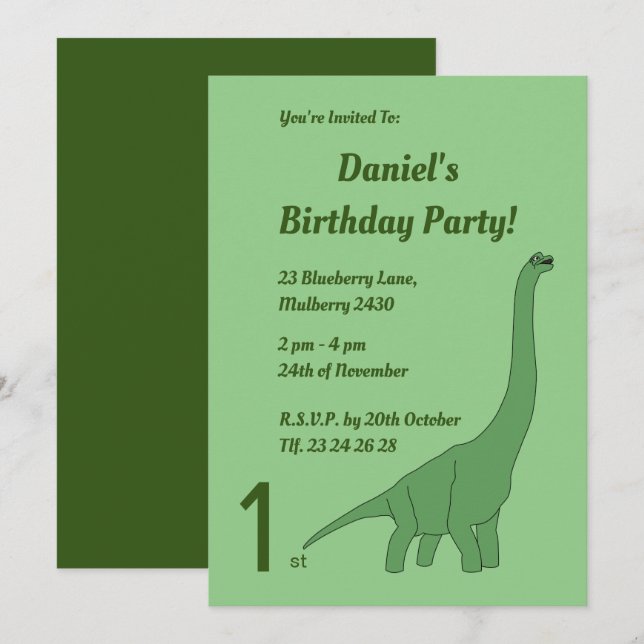 Convites Aniversário de Meninos do Dinossauro Verde de Pesc (Frente/Verso)