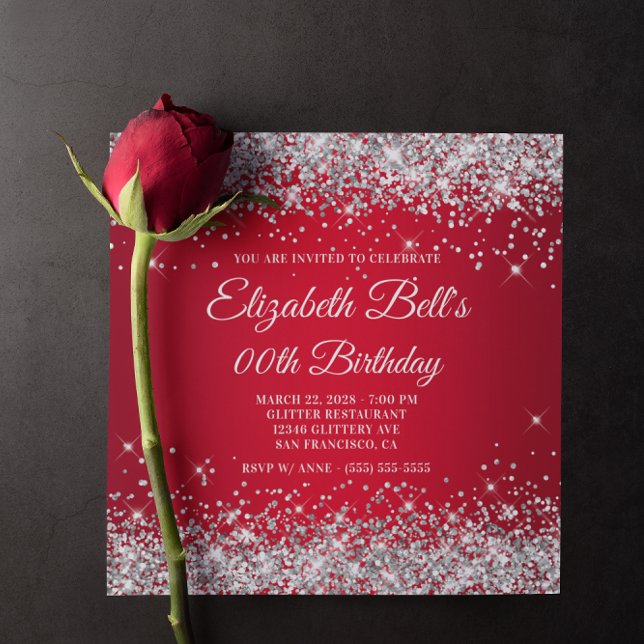 Convites Aniversário de Monograma Chique com Efeito Ombre V (Sparkly Silver Glitter Red Ombre Birthday Invitation)