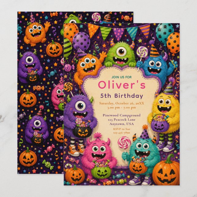Convites Aniversário de Monstro Colorido de Halloween (Frente/Verso)