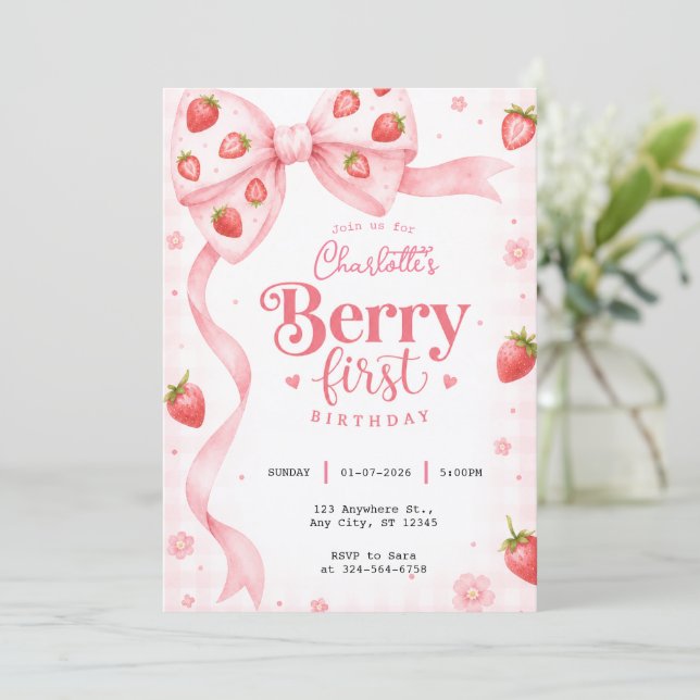 Convites Aniversário de Morango com Laço Rosa da Berry (Em pé/Frente)