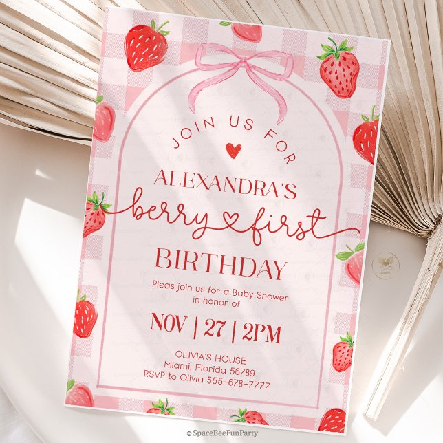 Convites Aniversário de Morango do Primeiro Aniversário da  (berry first birthday, strawberry birthday, first birthday girl, berry themed party, strawberry first)