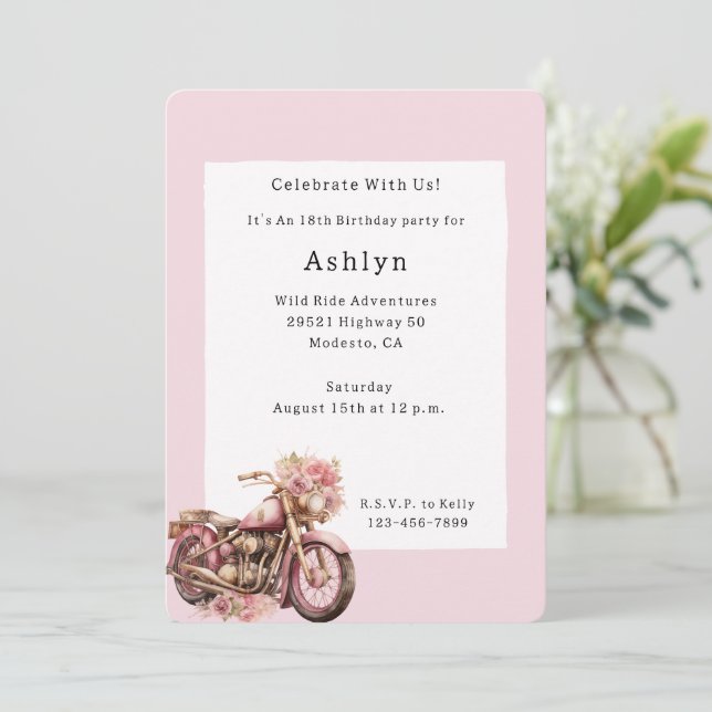 Convites Aniversário de Motocicleta Floral Rosa   (Em pé/Frente)